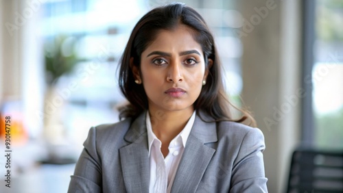 Female Telecom Professional – Indian female telecom professional in a business suit with a serious expression. 