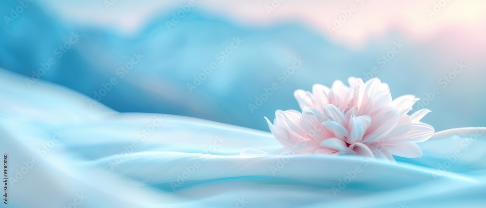 Obraz premium A pink flower, tightly framed, sits against a blue-and-white fabric backdrop Mountains, softly blurred, lie in the distant background