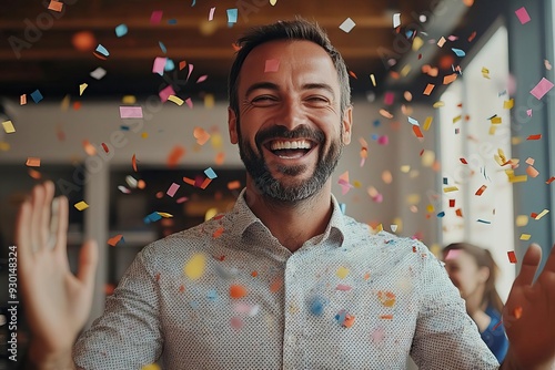 Joyful man celebrating with confetti surrounded by a vibrant atmosphere, capturing the essence of happiness and festivity.