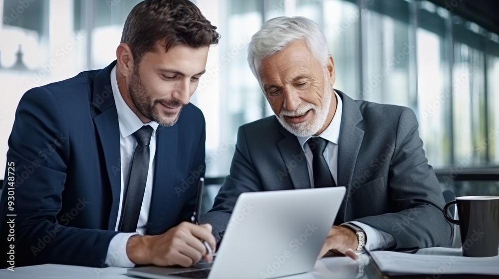Two men in business suits are working together on a laptop. Two men in business suits are working together on a laptop.