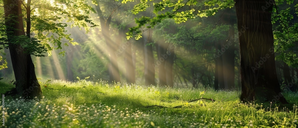  The sun illuminates the forest, casting light through trees onto verdant grass and wildflowers in the foreground