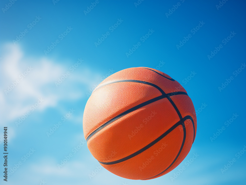 Shot basketball flying with a blue sky backdrop Shot basketball flying with a blue sky backdrop