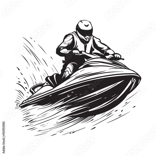 Jet Ski Rider on Water silhouette. Black silhouette of a man on a jet ski on white background