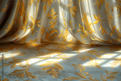  golden curtain featuring an intricate pattern, elegantly draping to enhance the room's aesthetic appeal.