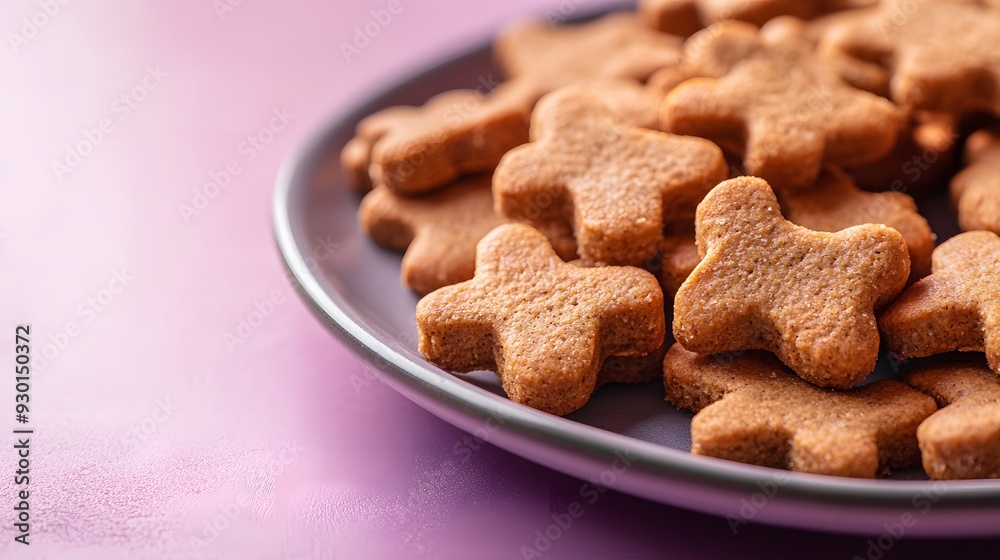 Animal food, solid lavender background, a plate of homemade dog biscuits, natural warm light, artistic detail on the homemade aesthetic, mood of love and care Animal food, solid lavender background, a plate of homemade dog biscuits, natural warm light, artistic detail on the homemade aesthetic, mood of love and care