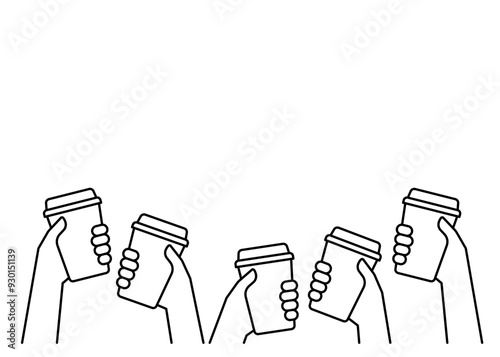 Hands of group people holding coffee in reusable cup, simple line. Together energy on break time. Fast take away drink. Takeaway drink in paper mug, coffee to go. Coffee lover. Vector