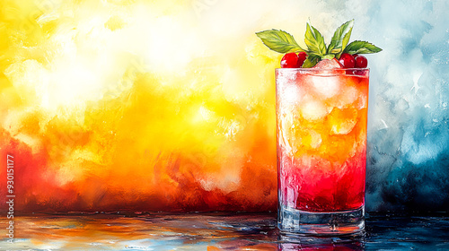 Vibrant Watercolor Illustration of a Refreshing Cocktail with Dynamic Brushstrokes and Bold Colors