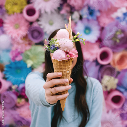 Woman holding ice cream cone, illustration