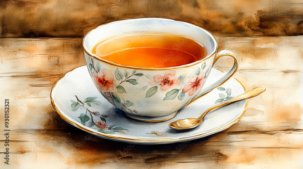Elegant Teacup with Golden Tea and Soft Watercolor Floral Patterns Elegant Teacup with Golden Tea and Soft Watercolor Floral Patterns