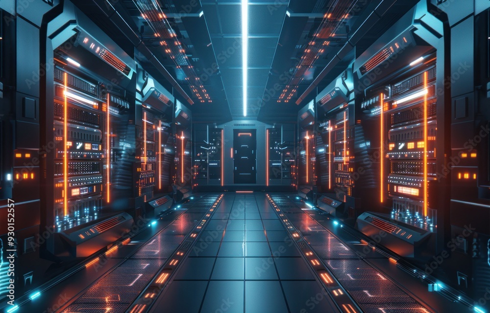 Futuristic data center corridor with glowing orange and blue lights, showcasing advanced technology and sleek design Futuristic data center corridor with glowing orange and blue lights, showcasing advanced technology and sleek design