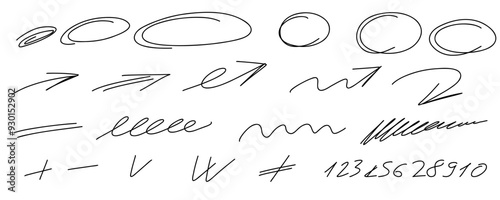 Highligh oval frame set. Marker hand drawn lines, arrows, check mark, circle, isolated on white background. Marker pen highlight underline strokes. Vector graphic doodle element.