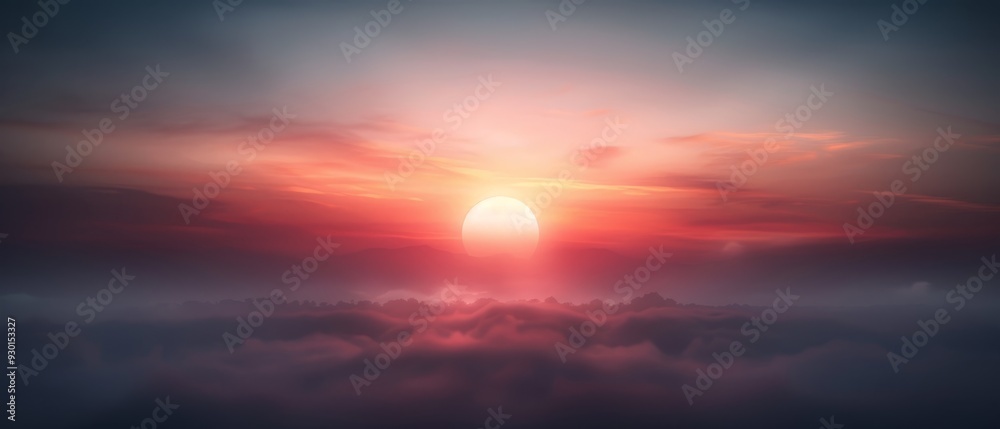 Sun sets over red-blue clouds, bird flies in foreground Sun sets over red-blue clouds, bird flies in foreground