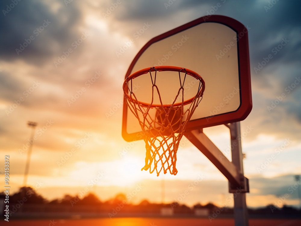 Basketball going through a hoop with blue sky background Basketball going through a hoop with blue sky background