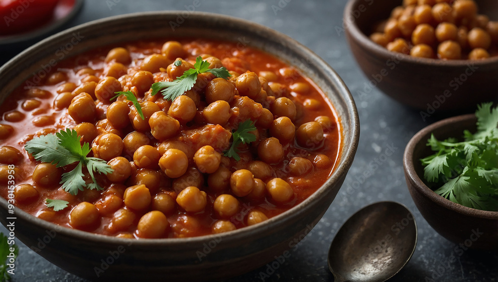 A bowl of chickpeas in a red sauce, with some cilantro on top.
A bowl of chickpeas in a red sauce, with some cilantro on top.