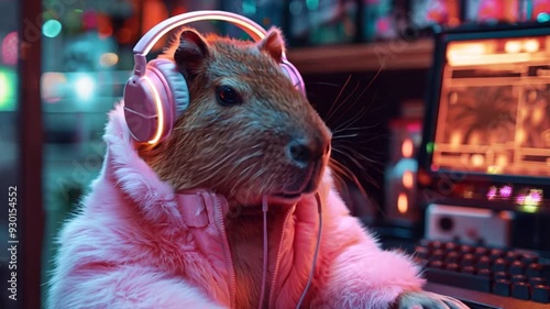 Capybara Gamer Vibes: A capybara in a pink fluffy coat rocks out with glowing headphones in this quirky and humorous image. 