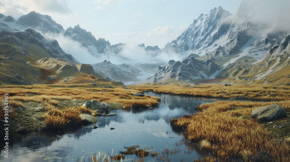 Serene Mountain Valley with Stream and Fog. Serene Mountain Valley with Stream and Fog.
