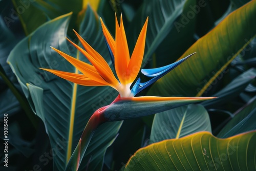 A close-up of a tropical bird of paradise flower, with its striking orange and blue petals standing out against green foliage