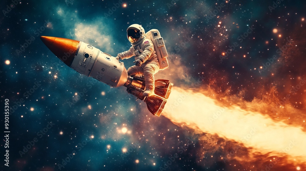Fototapeta premium Astronaut is on a mission in space and flys on top of a rocket. Surreal image of space exploration
