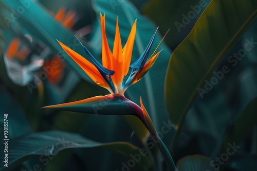 A close-up of a tropical bird of paradise flower, with its striking orange and blue petals standing out against green foliage