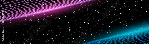 Fondo de galaxia con cuadrículas 3D y luces brillantes de neón inspiradas en videojuegos y películas de ciencia ficción