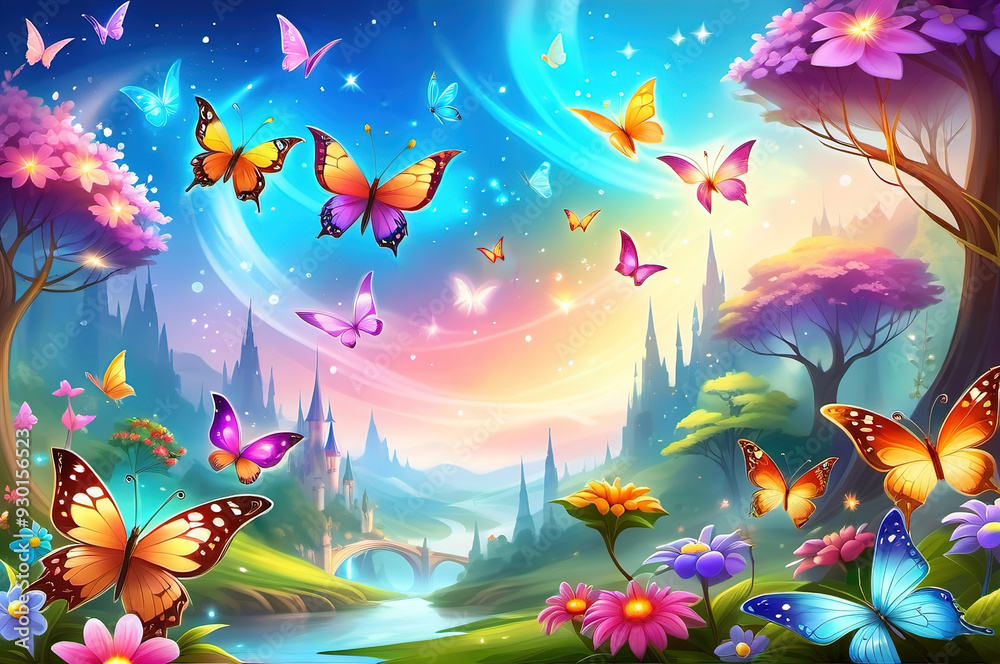 Fairytale landscape with flying butterflies. Fairytale landscape with flying butterflies.
