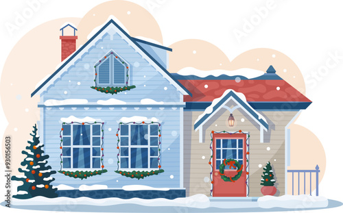 Christmas winter house facade exterior, adorned with twinkling lights and festive wreaths. Isolated vector charming countryside cottage welcomes with snow-covered roof, windows, and cozy holiday decor