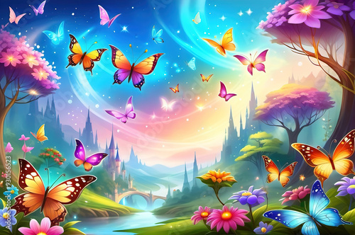 Fairytale landscape with flying butterflies.