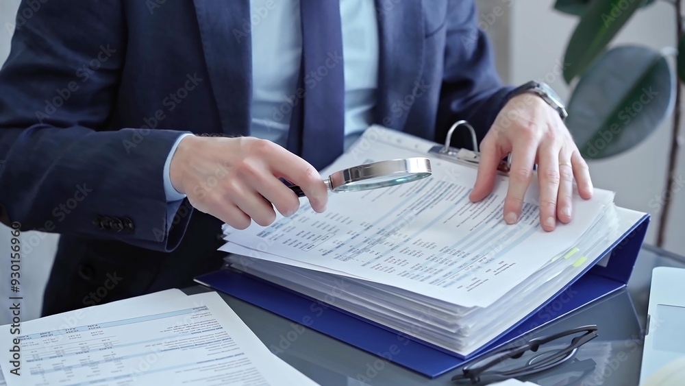 Adult businessman or auditor examining documents with magnifying glass. Professional in a suit scrutinizes financial reports, detail-focused work concept