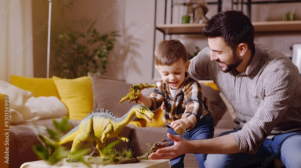 A father and son play with dinosaur toys in their living room. A father and son play with dinosaur toys in their living room.