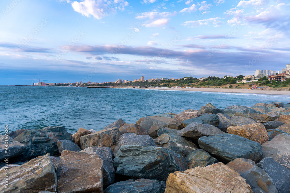 Black Sea Modern Beach on a sunny day with a blue sky,Constanta beach at Black Sea,panoramic view Constanta Romania Black Sea Modern Beach on a sunny day with a blue sky,Constanta beach at Black Sea,panoramic view Constanta Romania