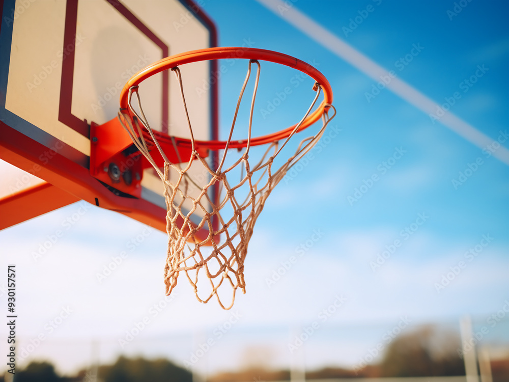 Close-up of a basketball hoop against a blue sky in an outdoor court Close-up of a basketball hoop against a blue sky in an outdoor court