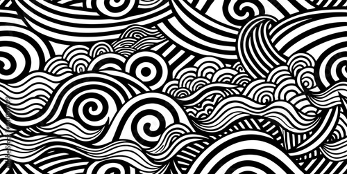A detailed and intricate black and white illustration of swirling waves