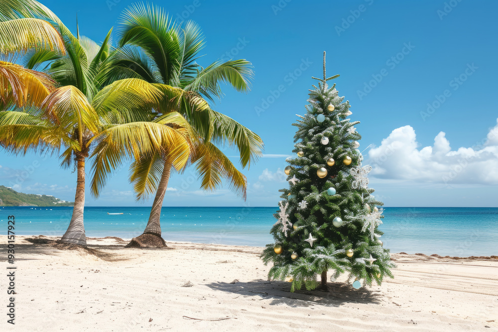 Fototapeta premium AI-generated image. Serene Snowy Landscape with a Decorated Christmas Tree