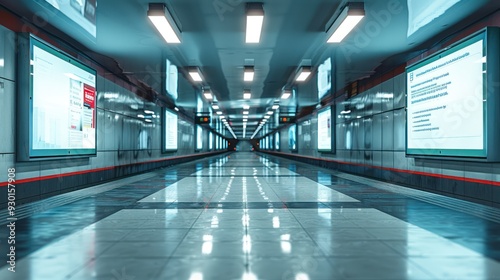 Blank billboards reflecting in the polished floor (focus on, urban advertising, dynamic, Overlay, Underground hall)