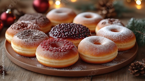 Festive Assortment of Donuts Decorated for the Holiday Season, Dusting of Powdered Sugar and Vibrant Toppings