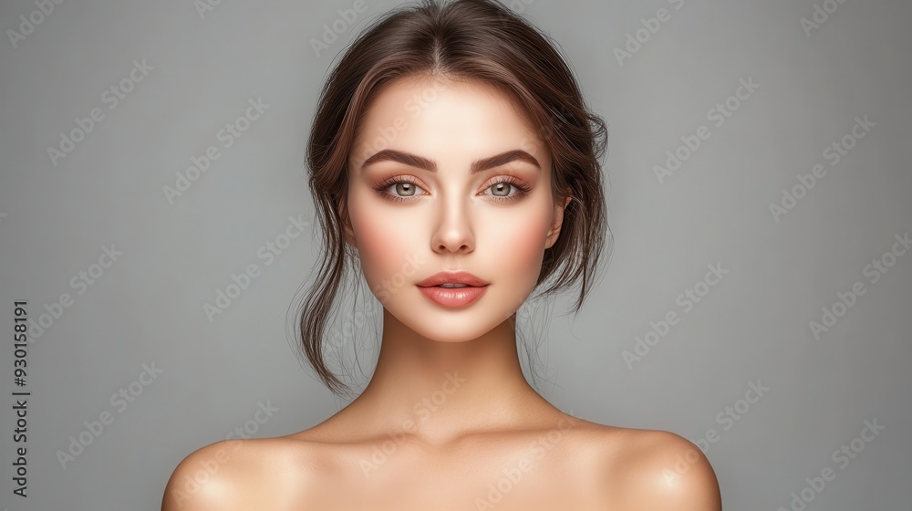 Portrait of woman with clean, makeup-free skin on grey background Portrait of woman with clean, makeup-free skin on grey background