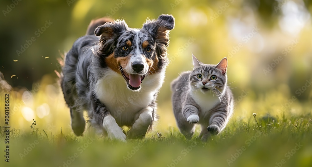 A photo of an Australian Shepherd dog and cat running together on the grass A photo of an Australian Shepherd dog and cat running together on the grass
