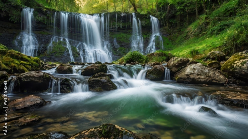 Cascading waterfalls in green setting Cascading waterfalls in green setting