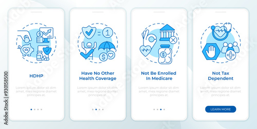 HSA eligibility rules blue onboarding mobile app screen. Walkthrough 4 steps editable graphic instructions with linear concepts. UI, UX, GUI template. Montserrat SemiBold, Regular fonts used