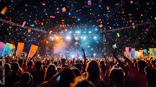 Wide shot of a bustling outdoor music festival, colorful stage lights illuminating the night, people dancing and waving glow sticks, vibrant festival banners fluttering in the breeze, high contrast