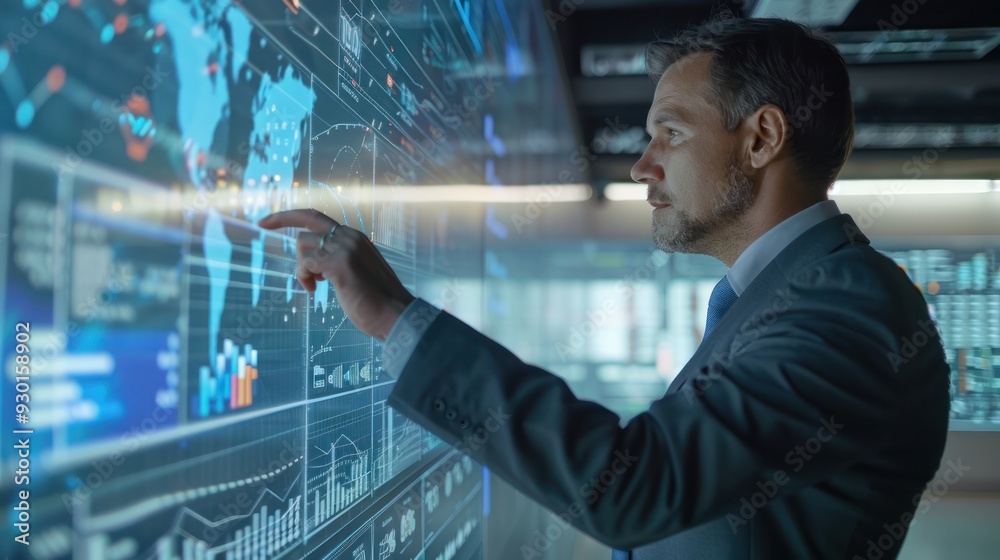 Businessman interacting with a dynamic touch screen display (focus on, business intelligence, dynamic, Overlay, Meeting room) Businessman interacting with a dynamic touch screen display (focus on, business intelligence, dynamic, Overlay, Meeting room)