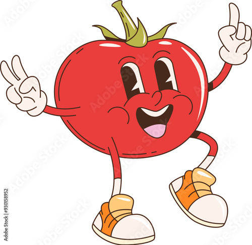 Tomato bbq barbeque cartoon groovy character. Isolated vector ripe tomato vegetable personage with a vibrant red color, lively eyes, and a smiling face, wears sneakers and gloves, giving peace sign