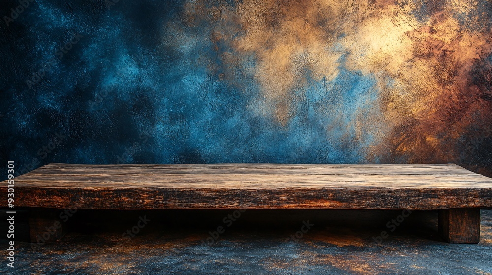 Dark smoky background with a central spotlight on an elegant wooden desk ideal for presenting new
