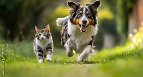 A photo of an Australian Shepherd dog and cat running together on the grass