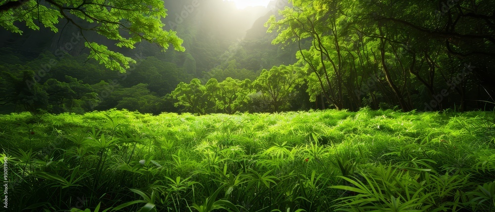 Fototapeta premium The sun illuminates the lush green landscape, filled with tall trees and grasses