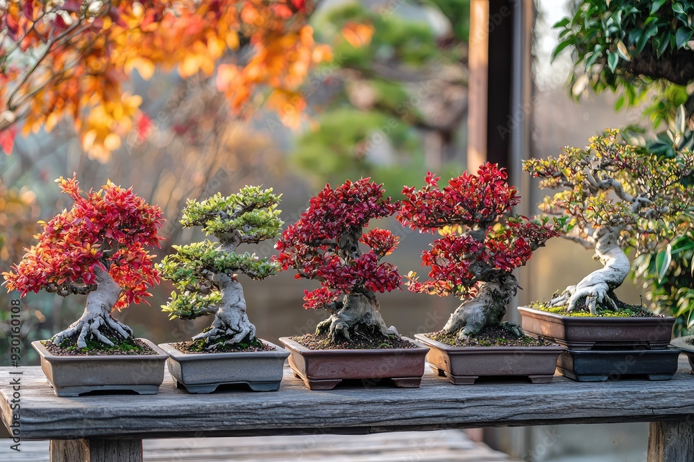 Vibrant red bonsai trees on wooden bench in autumn garden Vibrant red bonsai trees on wooden bench in autumn garden