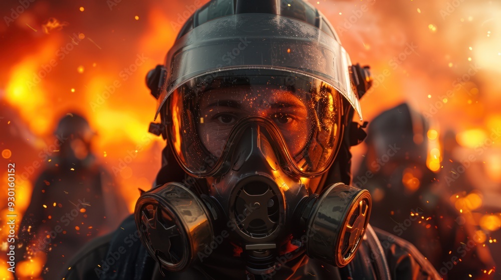 Close-up of firefighters in protective gear (close up, bravery in action, realistic, Fusion, Burning field) Close-up of firefighters in protective gear (close up, bravery in action, realistic, Fusion, Burning field)