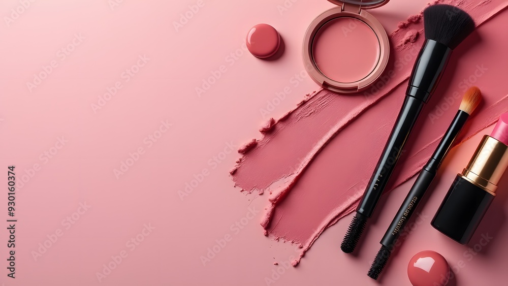 A flat lay of makeup products on a pink background, featuring blush, brushes, mascara, and lipstick in an elegant arrangement A flat lay of makeup products on a pink background, featuring blush, brushes, mascara, and lipstick in an elegant arrangement