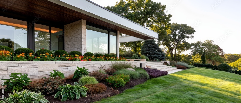 Fototapeta premium A house adorned with an abundance of flowers before it and expanses of green grass beside it