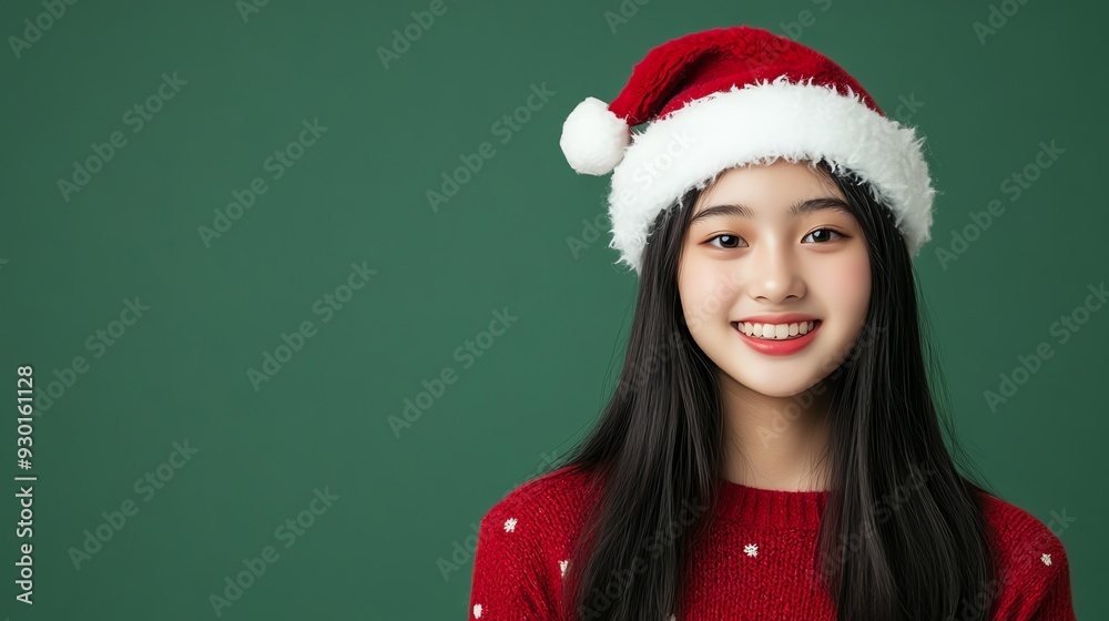 A young woman with long black hair wearing a red sweater and Santa hat smiles at the camera. A young woman with long black hair wearing a red sweater and Santa hat smiles at the camera.
